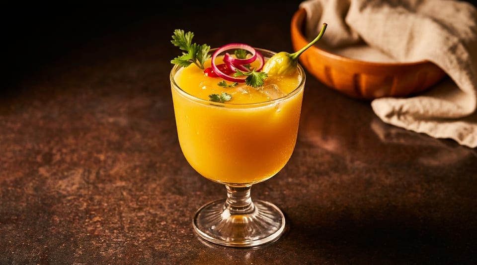 Vibrant orange cocktail garnished with red onion, cilantro, and a yellow chili pepper.