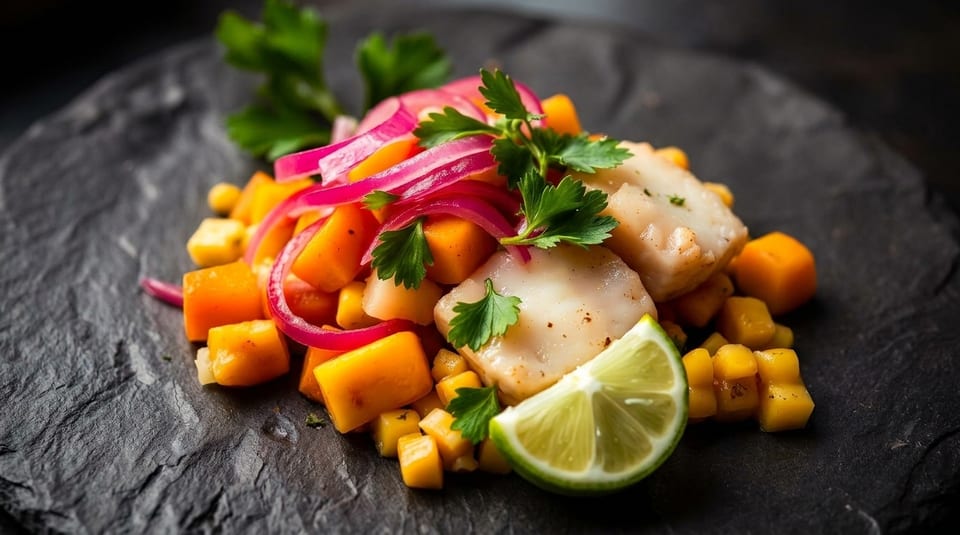 Scallop ceviche with mango, red onion, cilantro, and a lime wedge on a dark slate plate.