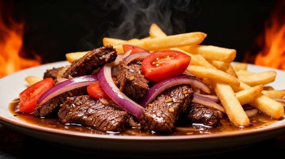 Steaming Lomo Saltado with beef, red onions, tomatoes, and french fries, against a fiery background.