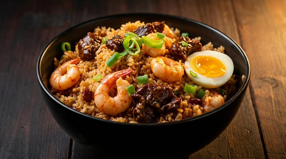 A black bowl of fried rice with shrimp, beef, green onions, and a soft-boiled egg.