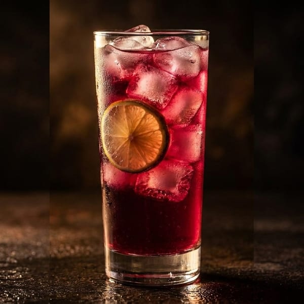 Tall glass of red iced drink with a lemon slice, on a dark, textured surface.