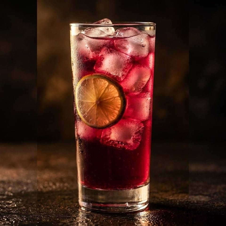 Tall glass of red iced drink with a lemon slice, on a dark, textured surface.
