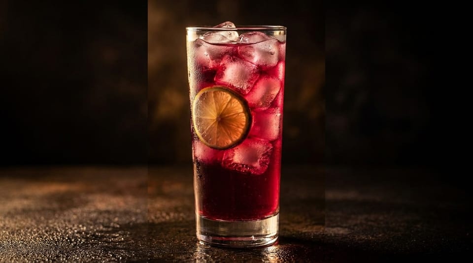 Tall glass of red iced drink with a lemon slice, on a dark, textured surface.