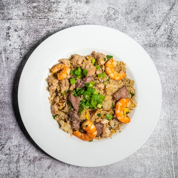 A white plate holds a generous serving of fried rice with shrimp, beef, chicken, and green onions.
