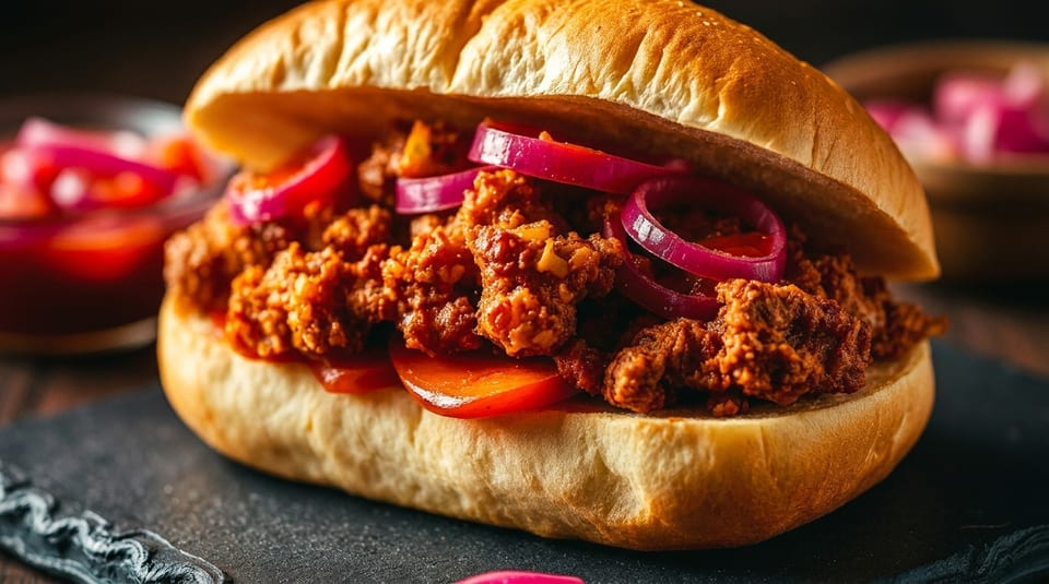 Close-up of a sloppy joe sandwich with ground meat, red onions, and tomatoes on a bun.