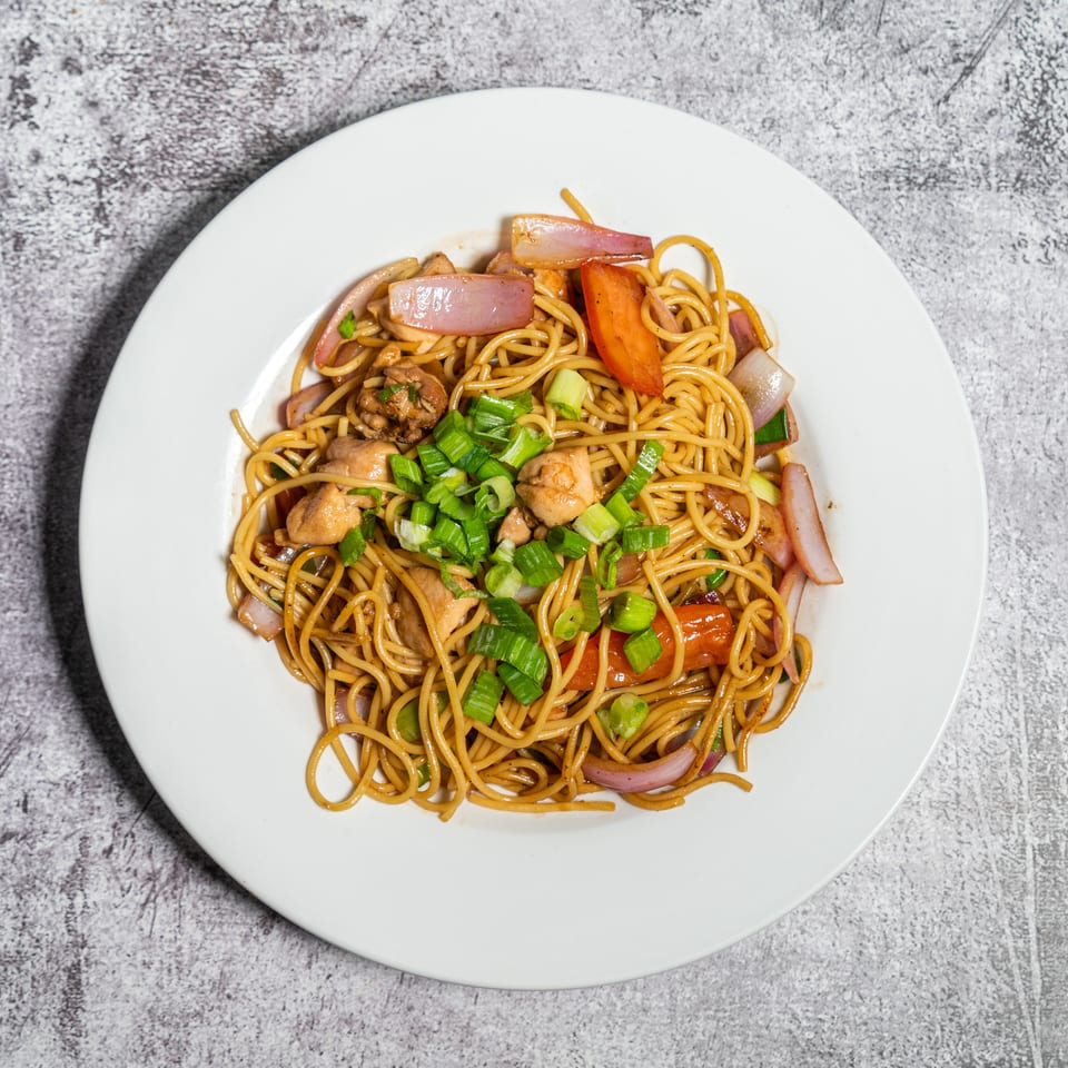 A white plate of Lomo Saltado with noodles, chicken, red onions, tomatoes, and green onions.